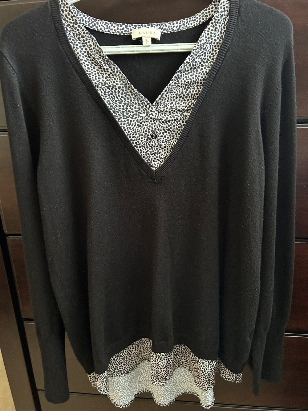 Laura Black V-Neck Sweater with Leopard-Trim Layered Look